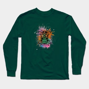 colorful skull on a paint-stained background Long Sleeve T-Shirt